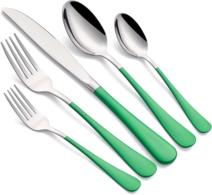 Grass Green Silverware Set 20 Piece 18/0 Stainless Steel Flatware Grass Green Handle Cutlery Set Service for 4 Fork Knife Spoon Set Mirror Finish Dishwasher Safe