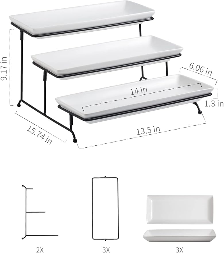 Gomakren 3 Tier Serving Trays Stand 14 Inches Serving Platters Rectangular Large Serving Plates for Party Display Set Collapsible Sturdier Rack, Christmas Serving Trays and Platters