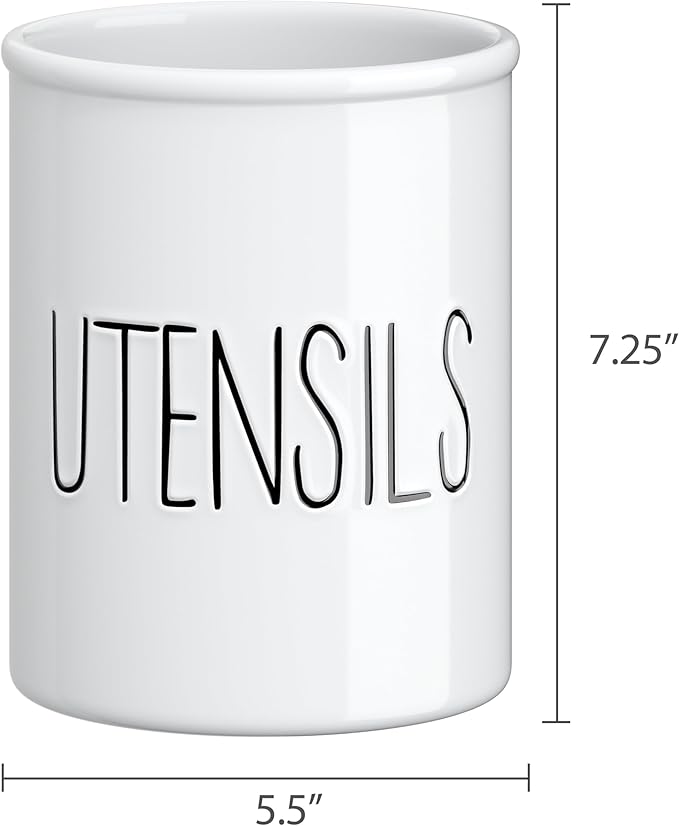 Barnyard Designs Ceramic Farmhouse Kitchen Utensil Holder for Countertop, Decorative Kitchen Utensil Crock for Counter, Spatula Holder, 7" (White)