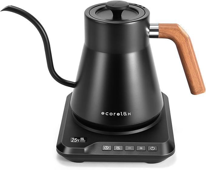 ECORELAX Gooseneck Electric Kettle, ±1℉ Temperature Control Pour Over Kettle for Coffee, Tea & Water, Stainless Steel 1200 W Keep Warm OLED Display 1 L (Black)