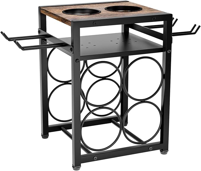 KLM Wine Rack Countertop, 6 Bottle 4 Glass Holder, Modern Wood Storage Stand with Tray, Black