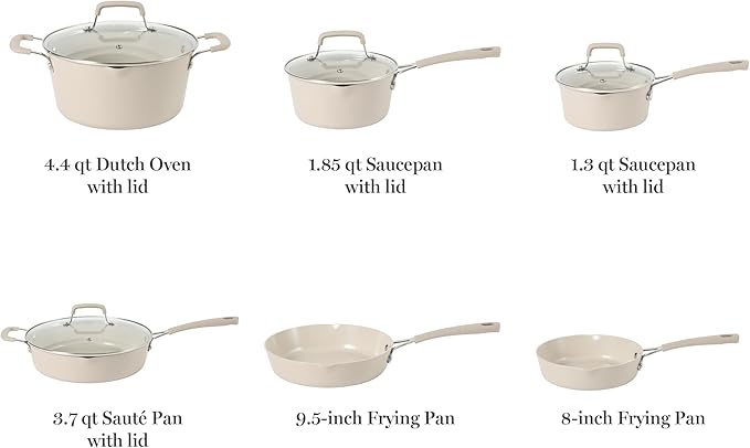 Martha Stewart Heathland Premium Nonstick PFA Free Ceramic Interior 10-Piece Tapered Aluminum Cookware Set - Taupe