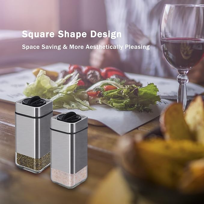 Salt and Pepper Shakers by Aelga, Glass Salt Shaker Set with Adjustable Pour Holes, Ideal for Black Pepper, Kosher and Himalayan