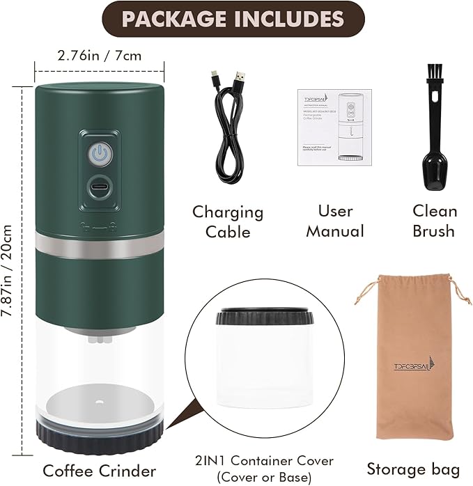 Portable Electric Coffee Grinder Stainless Steel Conical Burr Coffee Grinder with 45 Adjustable Settings Rechargeable Coffee Bean Grinder for Home, Travel, Camping, Office-Dark Green