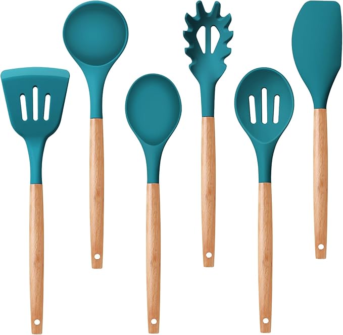 P&P CHEF Cooking Utensils Set, 6 PCS Kitchen Utensils with Wooden Handle, Silicone Spatula for Nonstick Cookware, Easy Clean & Non-toxic, Blue