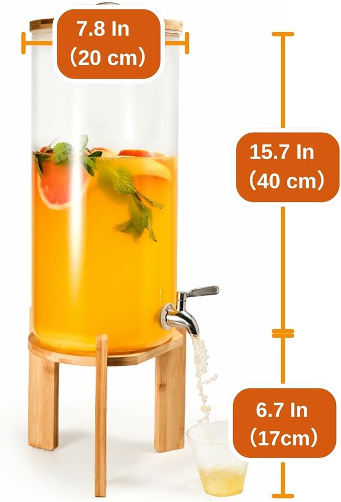 Glass Beverage Dispenser with Bamboo Stand 6.7 In and Lid, Iced 2.9 Gallon Drink Server with Spigot, Large Thick Glass Drink Dispenser for Parties, Hotels, Restaurants, Homes