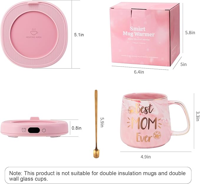 Coffee Mug Warmer & Best MOM Ever Mug Set, Electric Cup Warmer for Desk, Beverage Warmer with 4 Temperature Setting, 8H Auto Shut Off, Mom Gifts from Daughter Son