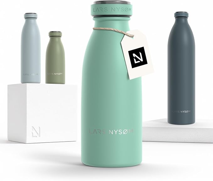 LARS NYSØM Stainless Steel Insulated Water Bottle 12oz 17oz 25oz 34oz 51oz | Insulated Thermo Flask for Hot and Cold Beverages | Leakproof Drinking Bottle (Aqua Turquoise, 11.9oz)
