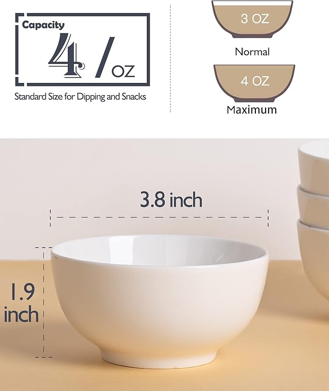 DELLING Soy Sauce Dish Ceramic 4oz Dipping Bowls - White Porcelain Dip Bowls, Set of 6