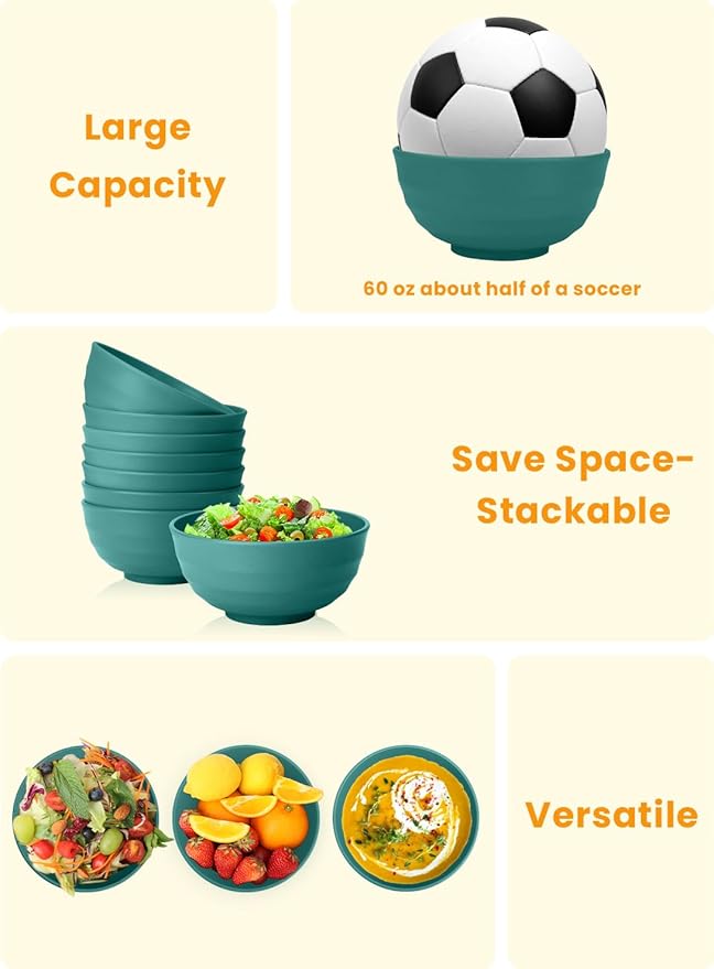 Homienly Large Bowls for Eating: Set of 8 Unbreakable 60oz Wheat Straw Bowls, Non-Plastic & Microwave Safe for Everyday Salad, Soup & Oatmeal (Green)