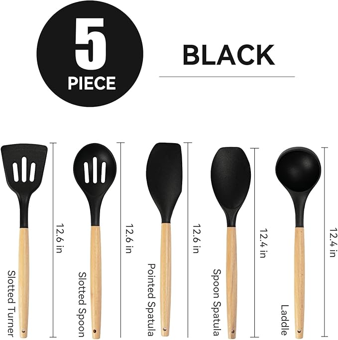 Non-Stick Silicone Cooking Utensils Set, 5 Pcs with Wooden Handle, Heat Resistant Silicone Kitchen Gadgets (Black)