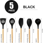 Non-Stick Silicone Cooking Utensils Set, 5 Pcs with Wooden Handle, Heat Resistant Silicone Kitchen Gadgets (Black)