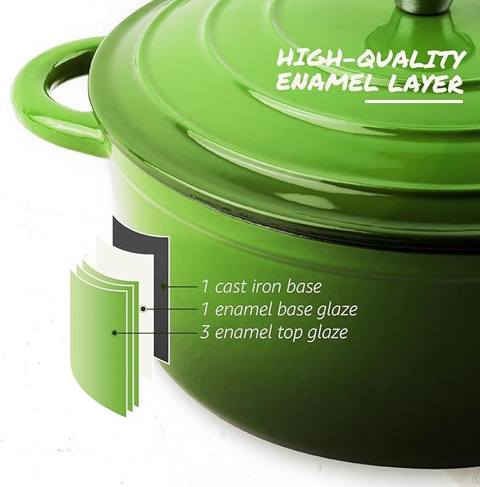 Overmont Enameled Cast Iron Dutch Oven - 5.5QT Pot with Lid Cookbook & Cotton Potholders - Heavy-Duty Cookware for Braising, Stews, Roasting, Bread Baking green