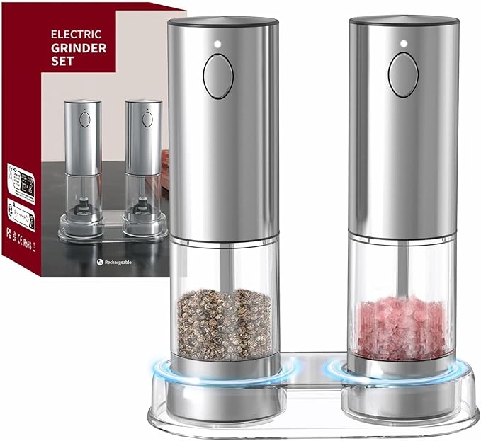 Electric salt and pepper grinder set with LED light. With USB port. Stainless steel automatic refillable 5 adjustable coarseness grinder