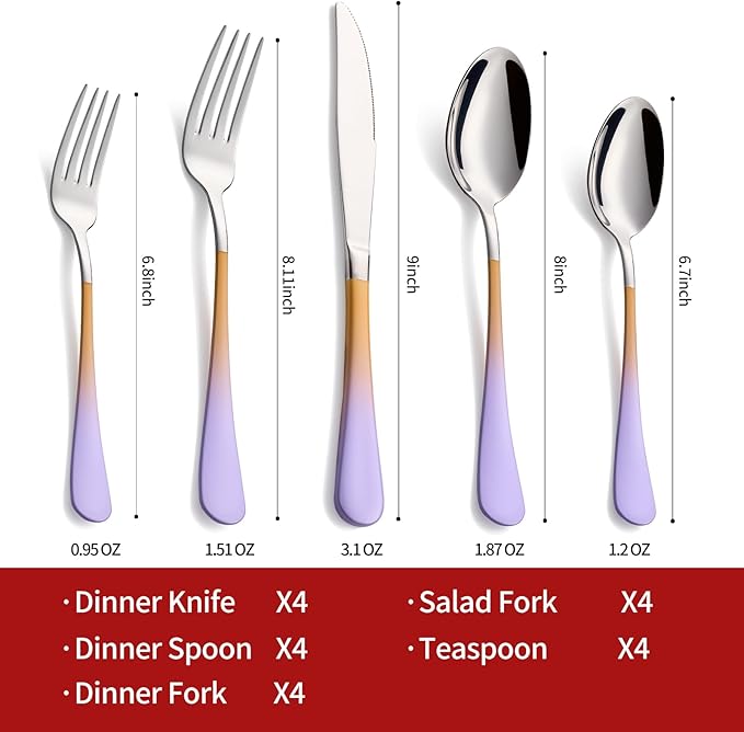 Colorful Silverware Set 20 Piece 18/0 Stainless Steel Flatware Purple and Orange Handle Cutlery Set Service for 4 Fork Knife Spoon Set Mirror Finish Dishwasher Safe