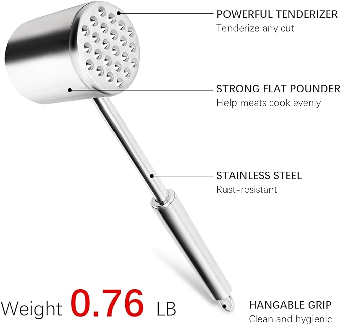 Meat Tenderizer, Heavy Duty 304 Stainless Steel Meat Tenderizer Tool, Meat Hammer Dishwasher Safe, Meat & Poultry Tenderizers,Meat Pounder for Steak, Chicken, Fish, Pork, Beef