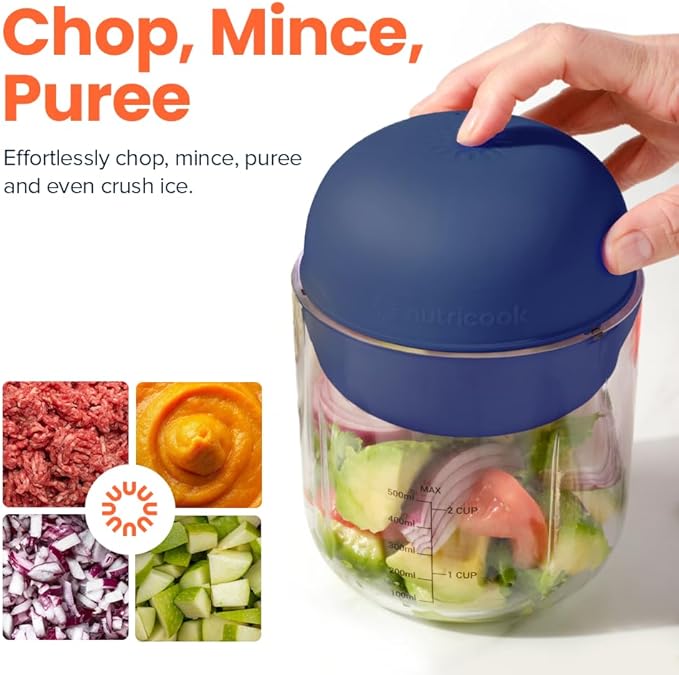 Choppi Cordless Electric Vegetable Chopper & Mini Food Processor for Dicing, Shredding, Mincing, and Puree, Portable and Rechargeable, 2-Cup, 500 mL, 4000 mAh Battery, Blue