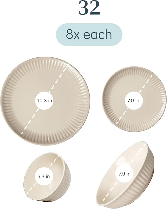 Stoneware Dinnerware Set for 8 People HYGGE 32-Piece - Elegant Scandi Design - Premium Dish Set - Bowl and Plate Set - Tableware for 8 People in a Ribbed Design - Pure Living in Light Brown