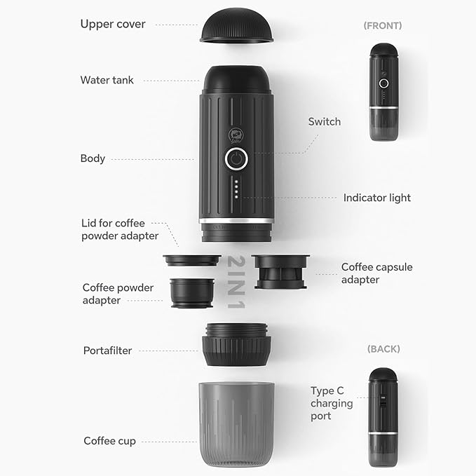 Portable Electric Espresso Machine, Travel Coffee Maker for Camping, Car Coffee Maker Self-Heating with USB-C, With Ground Coffee & NS Capsule for RV, Hiking, Office(Black)