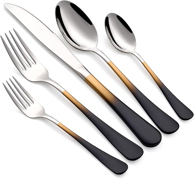 Colorful Silverware Set 20 Piece 18/0 Stainless Steel Flatware Black and Gold Handle Cutlery Set Service for 4 Fork Knife Spoon Set Mirror Finish Dishwasher Safe