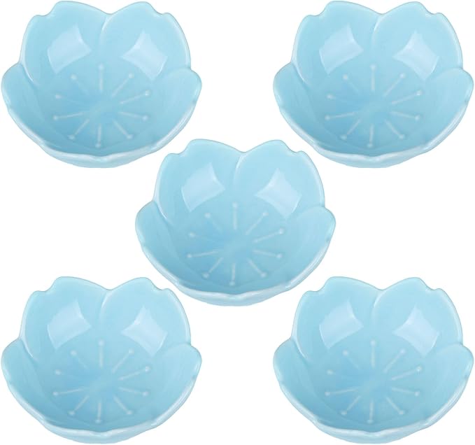 WHJY Blue Cherry Blossom Dish Set, Cute Pink Ceramic Plates, Sauce/Seasoning Dish, Sushi Dishes, Soy Dipping Bowl, Dessert, Appetizer Plates, Serving Dish for Kitchen Home – Set of 5