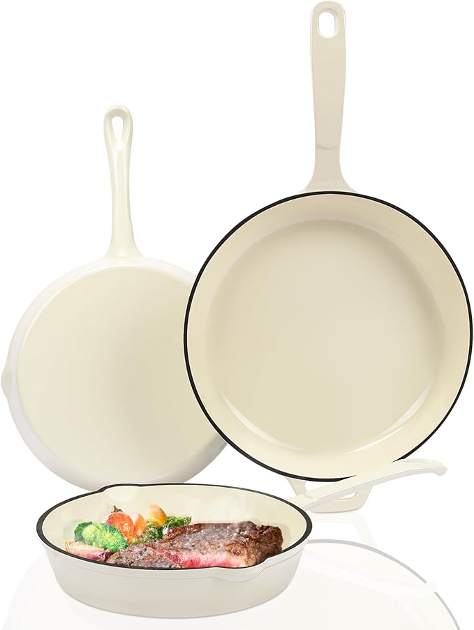 Hisencn Enameled Cast Iron Skillet Set - 3-Piece Fry Pans (8",9.5",11"), PFAS/PTFE/PFOA-Free, Oven & Induction Safe, Cream White Cookware for Gas, Electric, Ceramic Stovetops
