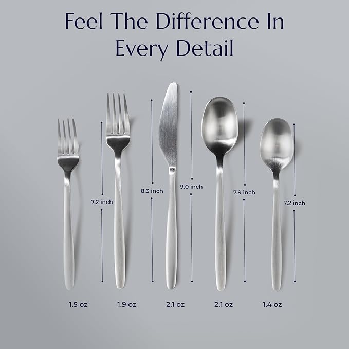 JazzUpCo Tia Flatware non toxic 18/10 stainless steel dishwasher safe (Matte Silver, 16 Person Set (80 Pieces))