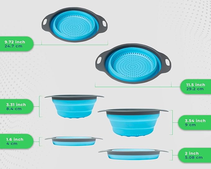 Ultimate Kitchen Strainers Set of 2 - Collapsible Silicone Colanders For Easy Storage by Comfify - Use with Pasta & Veggies or as a Fruit or Berry Bowl with Strainer - Irreplaceable for Campers - Blue