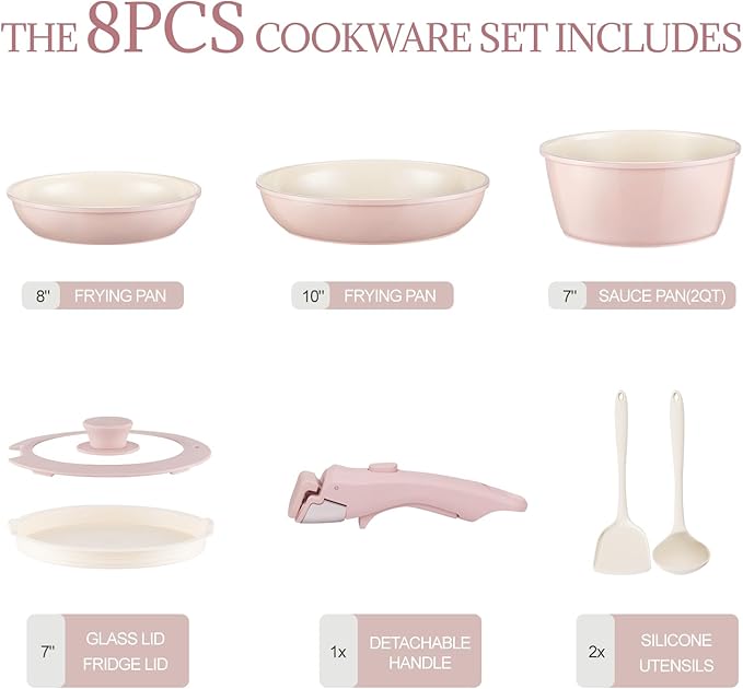 Ceramic Cookware Set Non Stick 8Pcs Pots and Pans Set Detachable Handle Induction Kitchen Cooking Set with Frying Pans Oven Dishwasher Safe, PFAS/PFOA Free, Pink
