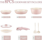 Ceramic Cookware Set Non Stick 8Pcs Pots and Pans Set Detachable Handle Induction Kitchen Cooking Set with Frying Pans Oven Dishwasher Safe, PFAS/PFOA Free, Pink
