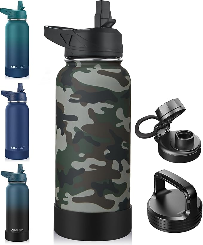 CIVAGO 32 oz Insulated Water Bottle With Straw, Stainless Steel Sports Water Flask Cup with 3 Lids (Straw, Portable Spout and Handle Lid), Double Walled Travel Thermal Canteen Mug, Camo