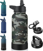 CIVAGO 32 oz Insulated Water Bottle With Straw, Stainless Steel Sports Water Flask Cup with 3 Lids (Straw, Portable Spout and Handle Lid), Double Walled Travel Thermal Canteen Mug, Camo