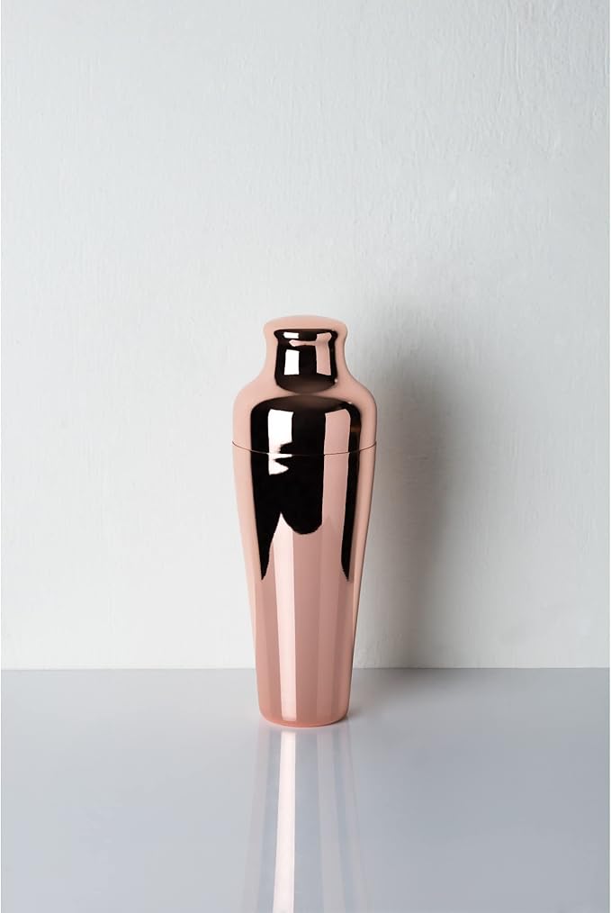 Viski Parisian Cocktail Shaker, Contoured High Shine Polished Stainless Steel with Built-In Cap and Strainer, Copper 25 Oz Set of 1