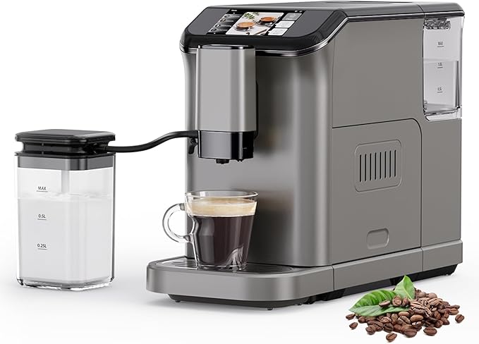 Garvee Fully Automatic Espresso Machine with Built-In Grinder and Milk Frother, 4-Beverage Cappuccino and Latte Maker with Intuitive Touch Display, Gunmetal Finish