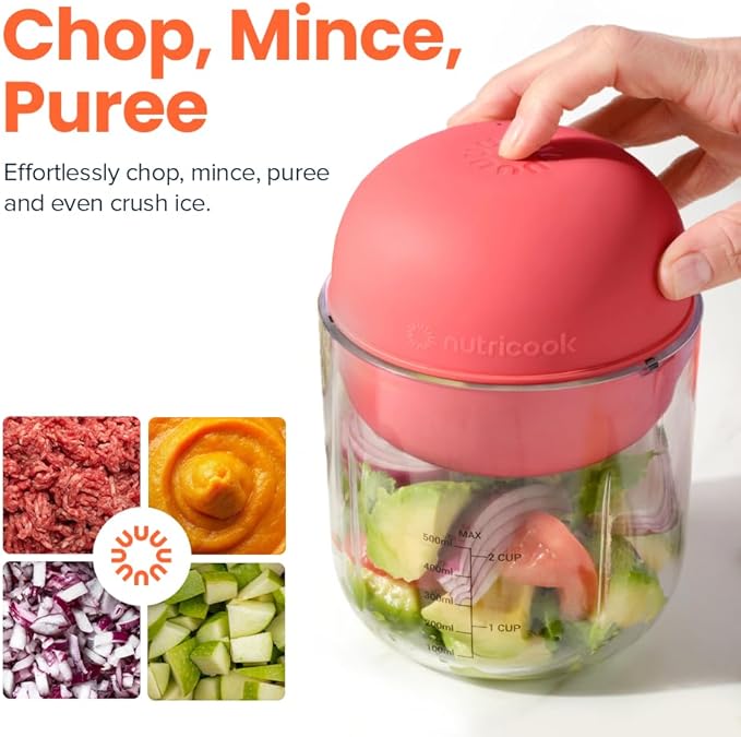 Choppi Cordless Electric Vegetable Chopper & Mini Food Processor for Dicing, Shredding, Mincing, and Puree, Portable and Rechargeable, 2-Cup, 500 mL, 4000 mAh Battery, Cherry Red