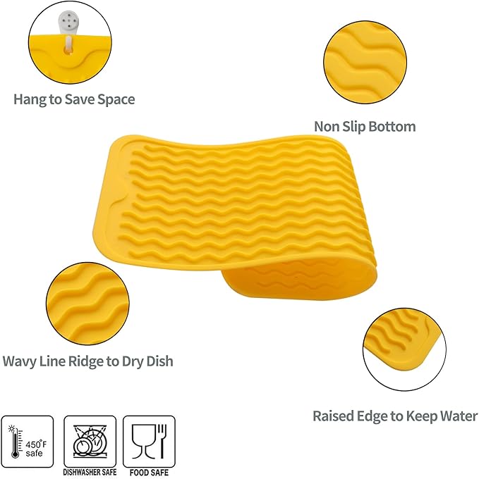Silicone Dish Drying Mat for Multiple Usage,Easy clean,Eco-friendly,Heat-resistant Silicone Mat for Kitchen Counter,Sink,Bar,Bottle,or Cup Yellow M 17 inches x 6 inches