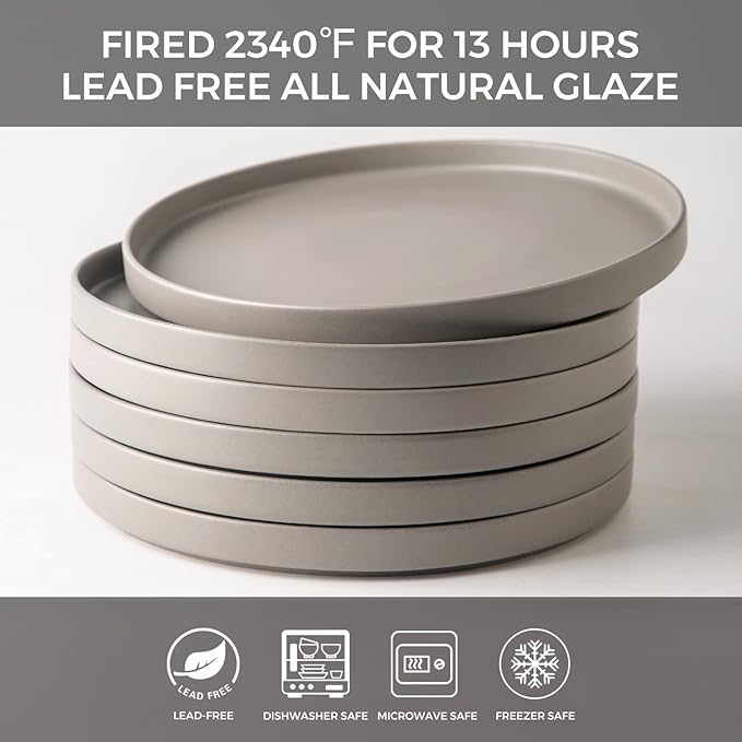 AmorArc Ceramic Dinner Plates Set of 6, 10.0 Inch Matte Stoneware Plates for Kitchen,Modern Flat Dinnerware Dishes Set,Microwave& Dishwasher Safe, Scratch Resistant,Matte Grey
