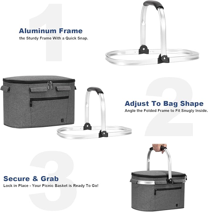 ALLCAMP Insulated Cooler Bag Portable Collapsible Picnic Basket Cooler Bag Collapsible, Leakproof, Lightweightwith Sewn in Frame (Medium Gray)