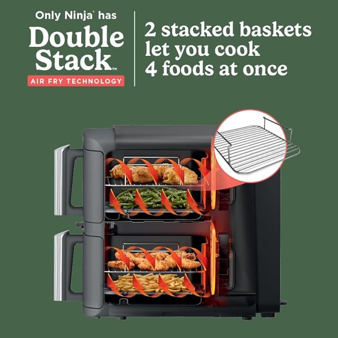 Ninja DoubleStack XL Smart 2-Basket Air Fryer, Smart Cook System, DoubleStack Technology Cook 4 Foods at Once, Space Saving Design, 10 QT, 6-in-1, Smart Finish & Match Cook, Air Fry, Broil, Bake SL451