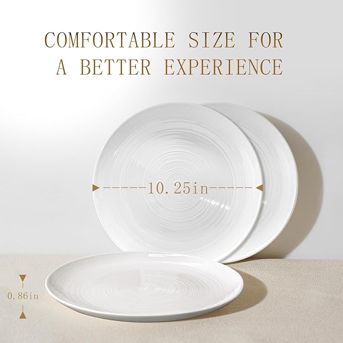 Yachi Ceramic 10 1/4 Inch White Dinner Plates Set of 4 Microwave Oven Dishwasher Safe Dish Porcelain Serving Plates for Kitchen Restaurant Stoneware Dishes for Party Beef Steak, Pasta Plate 10.25 in