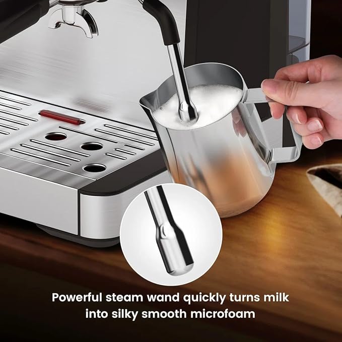Joy Pebble Espresso Machine,Stainless Steel 15 Bar Semi-Automatic Expresso Coffee Machines, Featuring a Milk Frother,Steam Wand.Removable Water Tank, Cappuccino & Latte Machine for Home