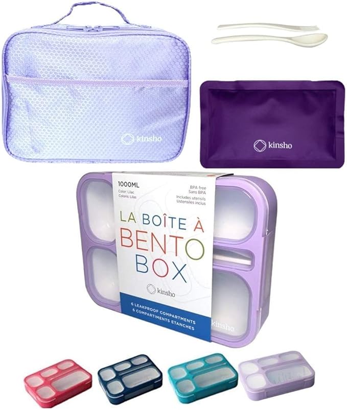 Bento Box with Bag and Ice Pack Set for Kids. Lunch Boxes Snack Containers for Boys Girls Adults. 6 Compartments, Leak-proof Portion Container Boxes Insulated Bags for School Lunches, BPA Free, Purple