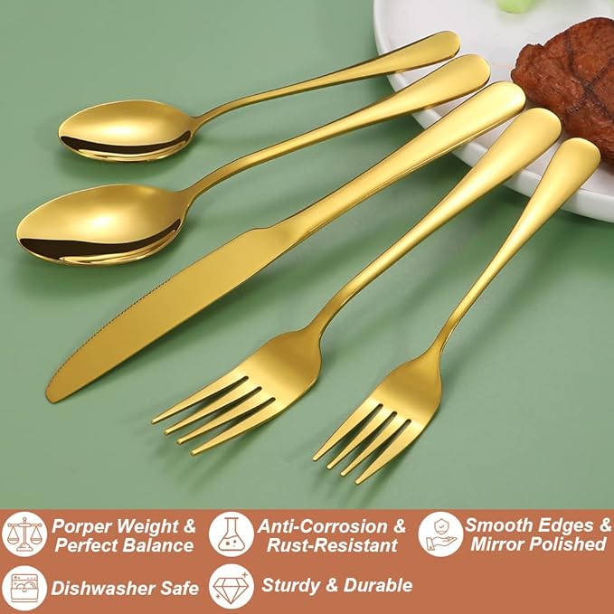 Lazycorner 40 Pcs Gold Silverware Set for 8, Food Grade Stainless Steel Flatware Set Include Fork/Knife/Spoon, Mirror Polished Eating Utensils Sets, Reusable Silverwear Cutlery Set, Dishwasher Safe