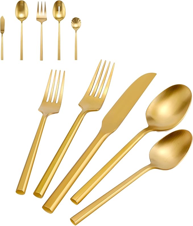 DEACORY Silverware Set with Serving Utensil Set Matte Gold Flatware Set Hand Forged Stainless Steel Cutlery Set 45 Pieces Matte Finished Hexagon Handle Service for 8, DE1004