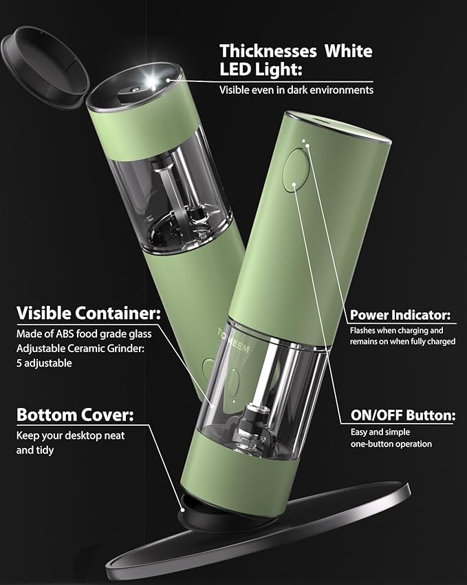 TOMEEM Upgraded Larger Capacity Electric Salt and Pepper Grinder Set Rechargeable with LED lights, Stainless Steel Automatic Pepper and Salt Grinder Refillable with 5 Adjustable Coarseness Green