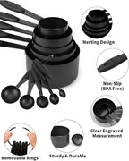 Joyhill Measuring Cups and Spoons Set of 10 Piece, Stainless Steel Measuring Cups with Soft Touch Silicone Handles, Nesting Metal Measuring Cup for Dry & Liquid Ingredients, Cooking & Baking (Black)