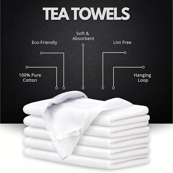 Premium Kitchen Towel (28”x20”, 12 Pack) 100% Cotton Dish Towels Cloths Large Hand Towels Tea Towels for Kitchen with Hanging Loop, Reusable Cleaning Cloths, Fast Dry Lint Free Linen | Pure White