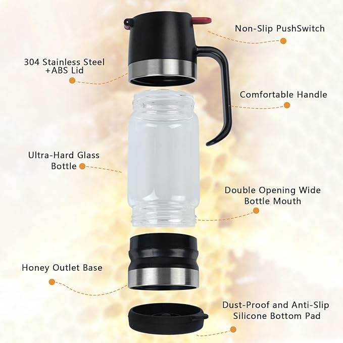 Honey Dispenser No Drip with Stand, 12 OZ Glass Honey Jar, Syrup Dispenser, Easy One Hand Use Honey Pot for Coffee or Tea, Mess Free Honey Dispenser for Syrup, Honey Container (2PCS Black)