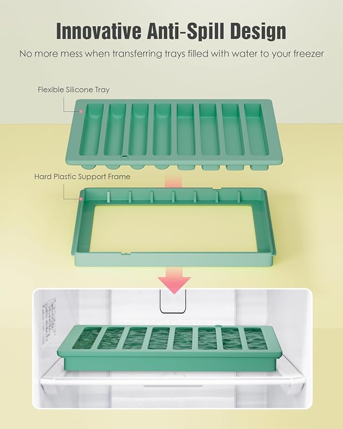 Water Bottle Ice Cube Trays for Freezer - Silicone Ice Stick Mold with Support Fame, Long Ice Cube Maker for Chilling Whiskey, Cocktails, Coffee - Reusable Easy-Release Narrow Ice Tray (Pack of 2)