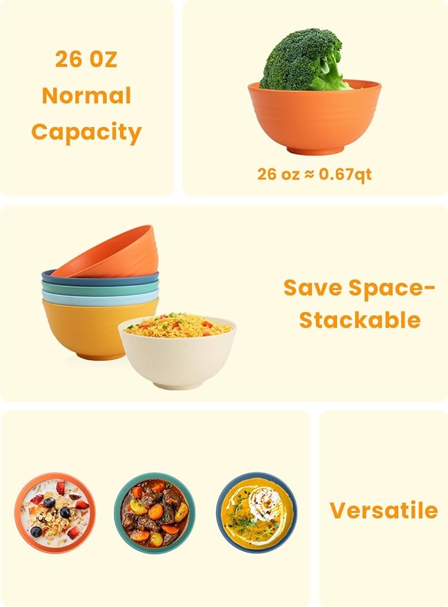 Homienly Wheat Starw Cereal Bowls, Unbreakable Bowl Set 6 PCS, Microwave and Dishwasher Safe Bowls, Alternative to Plastic Bowl Reusable, Bowl Set for Kitchen, Picnic, Camping, Party (26 OZ, Colorful)